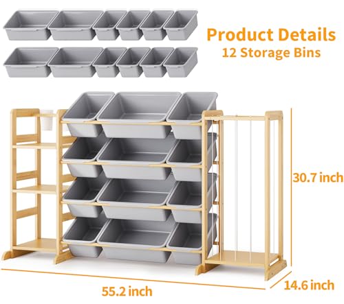 Toy Storage Organizer with Bookshelf and Stuffed Animal Storage - Kids Playroom Organization with Shelves and 12 Toy Bins - Toddler Living Room Toy Box for Lego - Nursery Bedroom Decor Essentials - color: Grey, size: 55.2"W,3 Shelves,12 Bins