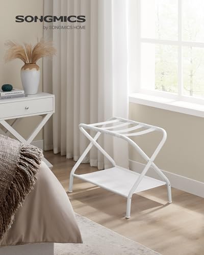 SONGMICS Luggage Racks, Set of 2, Suitcase Stand with Fabric Storage Shelf, for Guest Room, Bedroom, Hotel, Foldable, Holds up to 110 lb, 27.2 x 15 x 20.5 Inches, Cloud White RLR002W02 - color: Cloud White, style: with Shelf