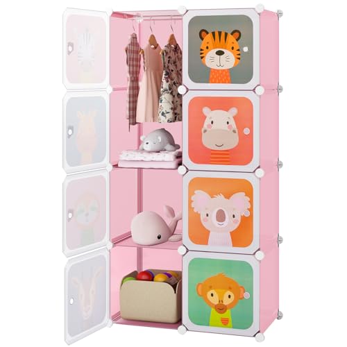 Costzon Kids Closet, Cartoon DIY Modular Dresser Storage Organizer with 8 Cubes & Clothes Hanging Rack, Portable Armoire for Baby Toddlers, Kids Wardrobe for Bedroom Nursery, Pink - color: Pink, size: 14"D x 29.5"W x 57"H (8 Drawers)
