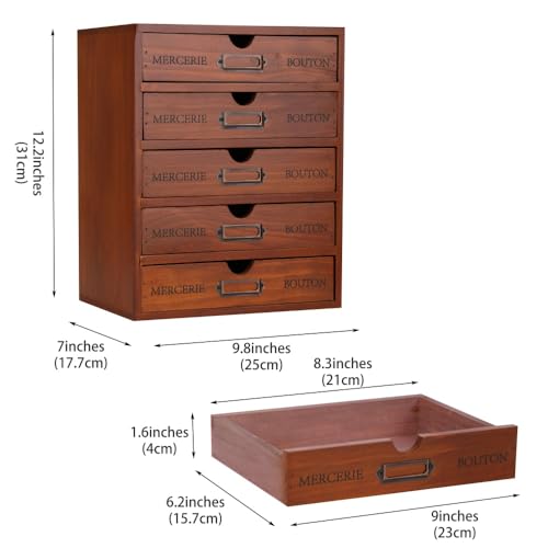Wooden Storage Box with 5 Drawers Apothecary Drawers Vintage Wooden Drawers Wood Desktop Organizer with Drawers Countertop Drawers Library Card Catalog Cabinet Apothecary Cabinet （BROWN） - color: BROWN05