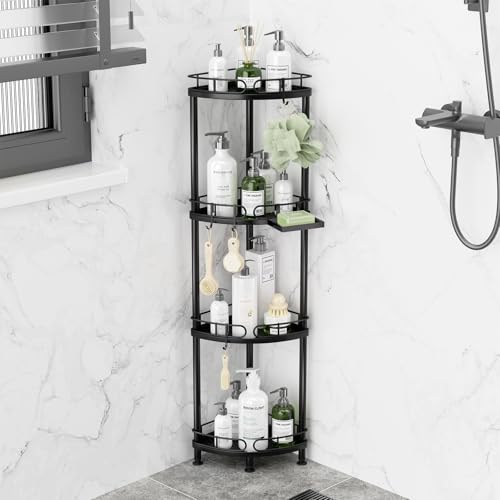 SWTYMIKI Corner Shower Caddy Standing - 4 Tier Stainless Steel Shower Organizer Stand with 4 Hooks & Soap Holder, Rustproof Metal Standing Tall Floor Shower Shelf and Bathroom Organizer, Black - color: Black-4 tier