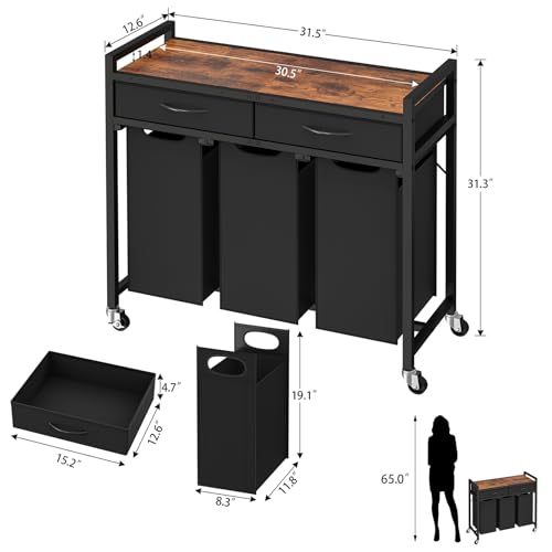 Laundry Sorter 3 Section, 120 L Laundry Hamper with 2 Drawers & 2-tone Top Panel, Rolling Laundry Basket Organizer with Pull-Out Removable Oxford Fabric Bags for Laundry Room Organization UNZYL006BVV3 - size: 120 L