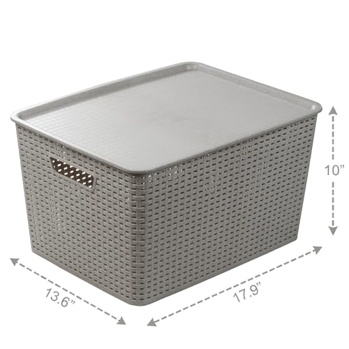 BINO | Plastic Storage Baskets with Lids, 33 Liter - 3 Pack, Natural Grey | THE WOVEN COLLECTION | Storage Basket for Shelves | Woven Storage Baskets for Organizing Bins | Pantry Shelf Organizer Bin - color: Natural Grey, size: 33L | 3-Pack