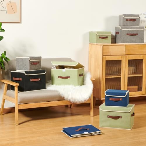 2PCS Storage Boxes with Lid Cotton Linen Fabric Storage Bins Organizer Container Decorative Collapsible Washable Shelf Closet Baskets Faux Leather Handles Home Bedroom (Deep Blue, Small) - color: Deep Blue, size: Small (Set of 2)