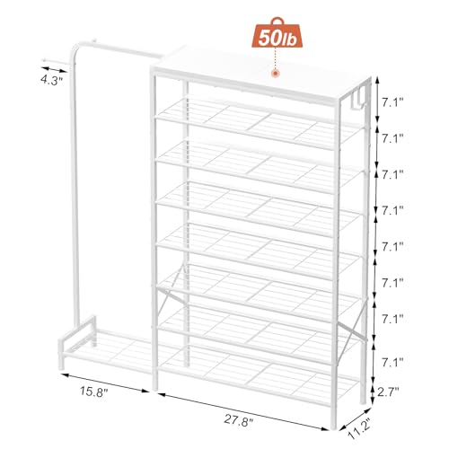 Shoe Rack with Coat Rack, 8 Tier Tall Shoe Storage Organizer with Hooks, 3-in-1, Wooden Top Shelf, Sturdy Frame, Metal Clothes Hanger Stand for Entryway, Closet, White - color: White