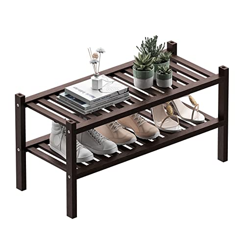 ROMGUAR CRAFT 2 Tier (Thick) Bamboo Shoe Rack for Closet Free Standing Wood Shoe Shelf for Entryway Small Space Stackable 27"x12"x14" (Black Brown) - color: Brown, size: 2 Tier(Thick)