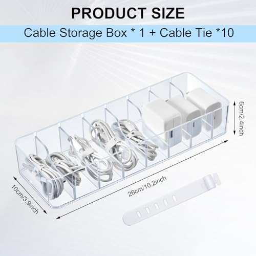 Tatuo 1 Pcs Cable Organizer with 10 Wire Ties, Plastic Cord Storage Charger Box Electronics Organizer with Adjustment Compartments Cable Storage for Drawer Home Office Desk Accessories (Clear) - color: Clear