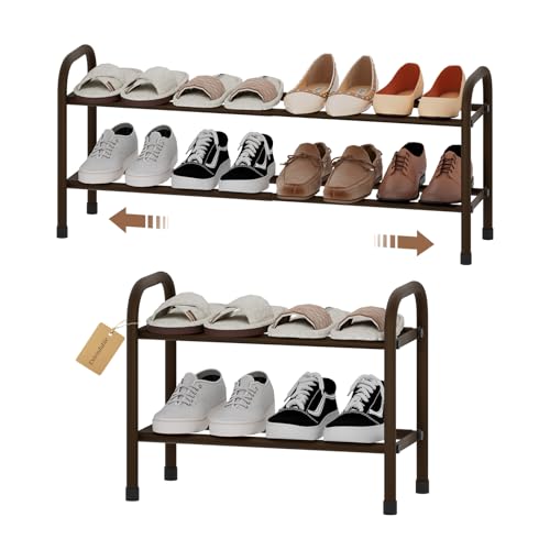 Expandable Shoe Rack, 2-Tier Metal Small Shoe Rack, Adjustable Shoes Organizer, Storage Shelf for Closet, Entryway, Brown - color: Brown, size: 2-Tier