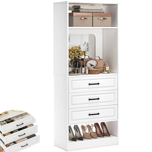 Unikito 25”Freestanding Closet System with 3 Drawers, Closets Organizer Wardrobe with Storage Shelves and Mirror, Sturdy Wood Walk-in Closet Systems for Small Closets, 25" W x 16" D x 80" H, White - color: White, size: 25 Inch