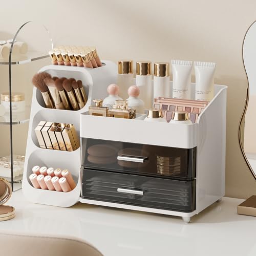 Makeup Organizer for Vanity with Brush Holder, Large Plastic Bathroom Countertop Skincare Organizer with 2 Drawers, Spacious Cosmetic Display Case for Perfumes, Eyeshadow Palettes, Nail Polishes - color: White, size: Large