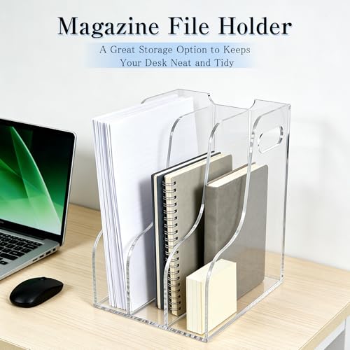 3-Tier Clear Acrylic File Holder, Vertical Document Organizer for Magazines, Binders, Notebooks & Envelopes - Multi-Purpose Desk Storage for Home Office（A4,3 Sections） - size: A4, 3 Sections