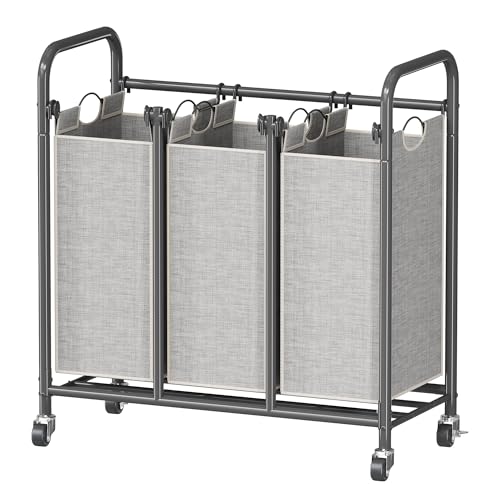 Whitmor 3-Bag Laundry Sorter, Laundry Hamper Cart with Heavy Duty Rolling Lockable Wheels and Removable Bags, Laundry Organizer Basket Clothes Separator Hamper, Grey, Large, KJ3009 - size: 3 Section B，Grey
