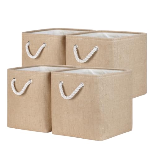 Temary Fabric Baskets 12 Inch Storage Cubes Basket, Clothes Baskets for Shelf, 4 Pack Large Storage Basket with Handles for Organizing Books, Blankets (Linen Yellow) - color: Linen Yellow, size: 12"L x 12"W x 12"H