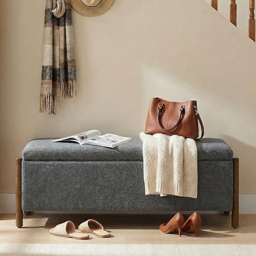 Usaint Wooden Storage Ottoman Bench, 47" Fabric Upholstered End of Storage Bench with Rubberwood Legs, Entryway Bench with Storage for Bedroom, Living Room, Reception, Cloakroom, Charcoal - color: Charcoal