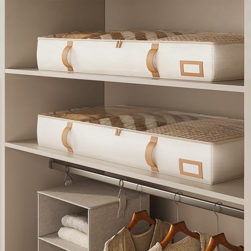 Vailando Under Bed Storage Containers, 6 Inches Tall 60L Underbed Storage Bins with Leather Handles and Sidewalls, Closet Organizer for Clothes, Blankets, Seasonal Items, Beige with Brown, 2-Pack - color: Leather Handles, size: 6 Inches Tall