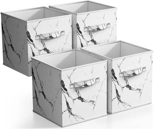 Sorbus Collapsible Storage Bins - 11" Sturdy Foldable Fabric Storage Cubes with Handle - 4 White Marble Organization and Storage Baskets for Organizing Pantry, Closet, Nursery, Dorm, Toy Storage - color: Marble White