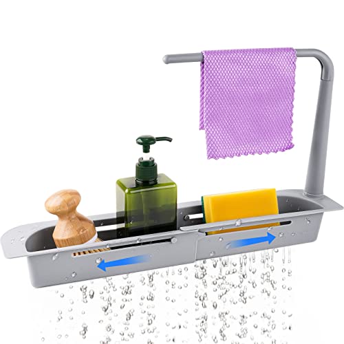 NiHome Telescopic Kitchen Over Sink Organizer with Towel Hanger, Expandable Slim Drain Basket Multifunctional Caddy Adjustable Length Colander Rack Sponge Holder Storage Tray for Home Bathroom (Grey)