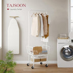 Tajsoon Laundry Cart with Hanging Rack, Metal Laundry Basket with Wheels, Laundry Hamper with Storage Basket and Shelf, Rolling Laundry Cart with Wheels, White - color: White