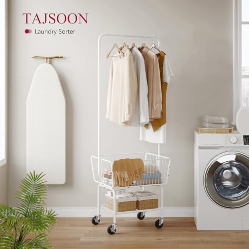 Tajsoon Laundry Cart with Hanging Rack, Metal Laundry Basket with Wheels, Laundry Hamper with Storage Basket and Shelf, Rolling Laundry Cart with Wheels, White - color: White