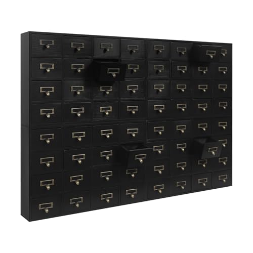 64-Drawer Vintage Wooden Storage Box, Traditiona Desk Apothecary Cabinet with Drawers, vulti Level Countertop Arts Card Catalog Drawer Organizer, Library Card Catalog Storage Cabinet Apothecary, Black