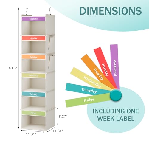 YOUDENOVA 6-Shelf Weekly Hanging Closet Organizer, Weekly Clothes Organizers for Kids with 2 Side Pockets, Beige - color: Beige