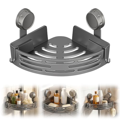 Triangle Suction Cup Corner Shelves, 2026 Upgraded No Drilling Bathroom Storage Rack with Hooks, Waterproof Shower Organizer for Bathroom, Corner Shelves for Shower (Grey, 1 PCS) - color: Grey, size: 1 PCS