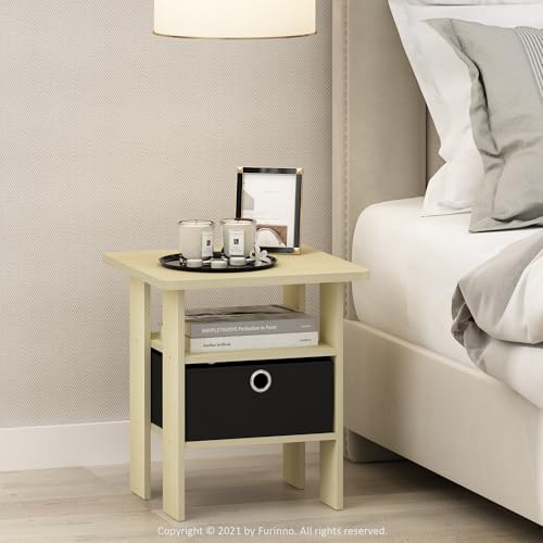 Furinno ANDREY Side Table, End Table, Night Stand with Open Shelves and Storage Bin, Bedside Table, for Living Room, Bedroom, Steam Beech - color: Steam Beech/Black, size: 1-Pack, Center Bin