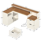 TVU Farmhouse L Shaped Desk with Drawers, 62.2" Home Office Desk with Storage Shelves and Power Outlet, L Shaped Computer Desk with Monitor Stand and Printer Shelf, Brown and White - color: Brown and White
