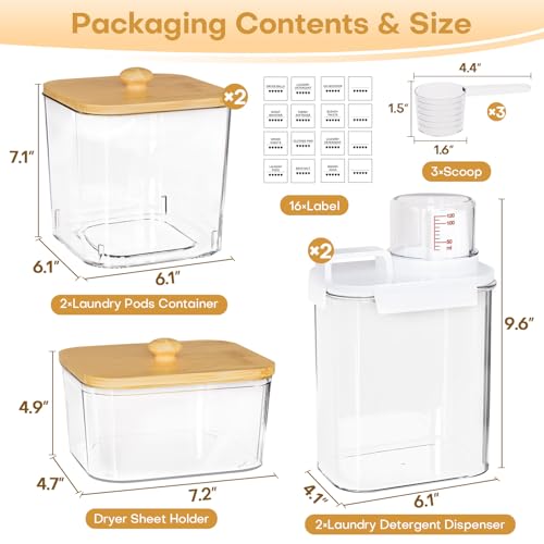 Homde Clear Laundry Detergent Dispenser: 3+2 Pack Reusable Pods Container with Lids for Dryer Balls - Plastic Sheets Holder Set for Scent Booster