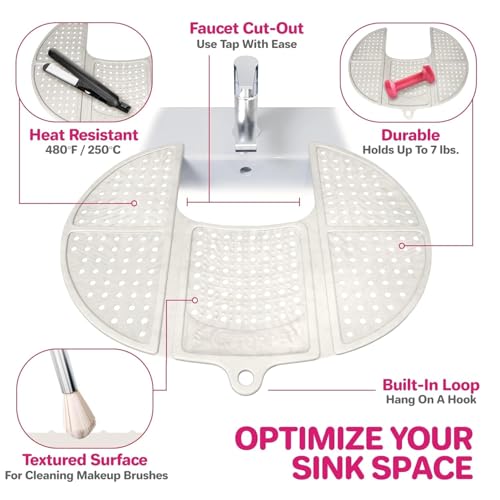 Sink Topper Bathroom Counter Cover & Storage Saver, Foldable Silicone Mat for Hot Tools, Hair Styling & Makeup, Beauty Brush Cleaning Mat, RV Camper Sink Cover & for Small Spaces (Large Pearl) - color: White, size: Large