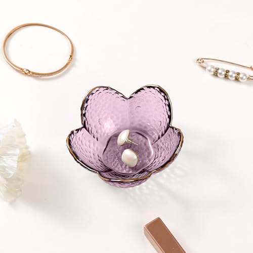 Purple Flower Jewelry Dish Glass Ring Holder Dish Jewelry Tray Cute Vanity Organizer Aesthetic Nightstand Bathroom Room Decor Trinket Dish Mothers Day Friendship Christmas Birthday Gifts for Women - color: Flower Purple
