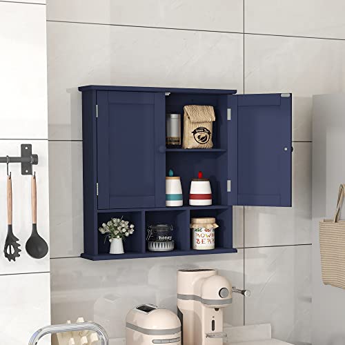 TaoHFE Blue Bathroom Over The Toilet Storage Cabinet,Wall Medicine Cabinet Organizer with 2 Door Adjustable Shelves,Wooden Modern Bathroom Shelves Wall Mounted Laundry Room - color: Blue
