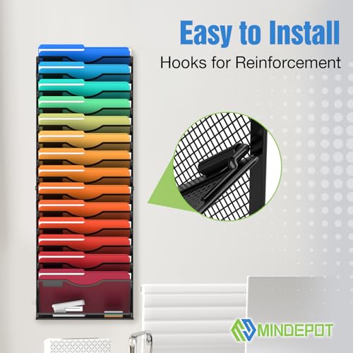 MINDEPOT 15 Tier Wall File Holder Hanging Wall File Organizer for Papers Mails Folders Document Magazine Organization, for Office School Home, Black - size: 15Tier