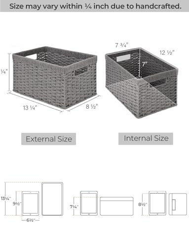 StorageWorks Round Paper Rope Storage Baskets, Rectangular Wicker Baskets with Built-in Handles, Gray, 2-Pack - color: Gray (Paper Rope), size: 2x 13¼"L x 8¼"W x 7"H