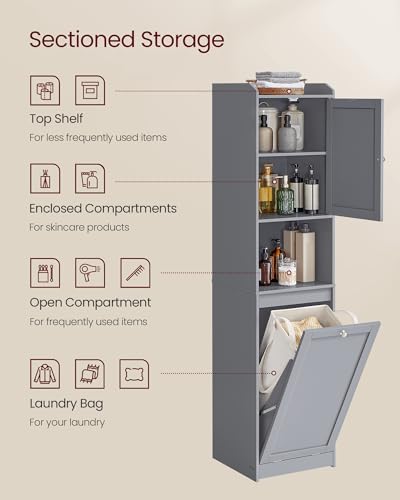 VASAGLE Tall Storage Cabinet, Storage Unit with Removable Laundry Basket, Compartment and Cabinet, for Bathroom, Living Room, 15.8 x 15.8 x 66.9 Inches, Dove Gray UBBC761G02 - color: Dove Gray, size: 15.8"L x 15.8"W x 66.9"H, style: 2 Doors + 1 Laundry Ba
