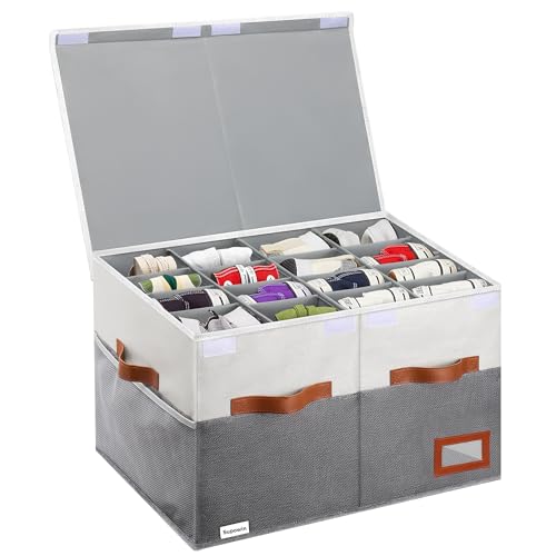 Supowin Shoe Organizer for Closet, Foldable Shoe Storage Bins with Lid & Adjustable Dividers, Fabric Shoe Box Storage Containers with Four Reinforced Handles, Fits 16 Pairs, 1 Pack, Grey - color: Grey, size: 21"L x 17"W x 13"H