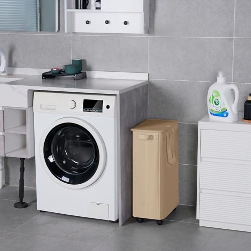 Vincona Slim Laundry Hamper with Lid and Wheels, Small Rolling Laundry Basket with Handle for Small Spaces, Tall Dirty Clothes Hampers for Dorm, Bathroom and Bedroom, 55L, Oatmeal - color: Oatmeal, size: 55L