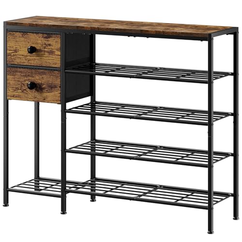 5-Tier Shoe Rack with 2 Fabric Drawers, Metal Frame and Wooden Board Shoe Organizer for 16-20 Pairs of Shoes, Shoe Shelf with Boots Storage for Entryway Closet Rustic Brown - color: Rustic Brown