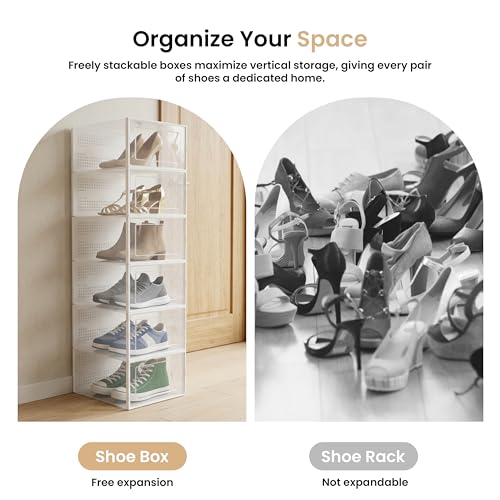 HealSmart 15-Pack Large Shoe Storage Boxes, Stackable Plastic Shoe Organizer with Lids, Large Shoe Rack & Storage Containers for Closet, Under Bed, Entryway, White