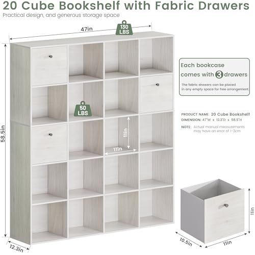 20 Cube Organizer Shelf, White Bookshelf with 3 Fabric Storage Bins, Storage Book Shelf Set, Freestanding Bookcase Bundle for Bedroom Living Room, Office Cubicle Storage Rack Set of 2, Display Rack - color: Washed White, size: 20 Cube (2PC)