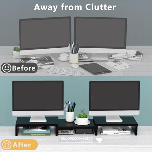 TAVR Dual Monitor Stand Riser Office Desktop Organizer Stand for 2 Monitors, Adjustable Length and Angle 3 Shelf, Extra Long Multifunctional Stand up to 43.3" fit Computer, Laptop, TV, Black - color: Black