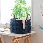 BOLDMONKEY Laundry Basket 20" x20 " x11.8 ",Extra Large Round Blanket Basket with Leather Handle, Felt Storage Basket for Living Room, Nursery, Dog Toys-Navy Blue - color: Navy Blue