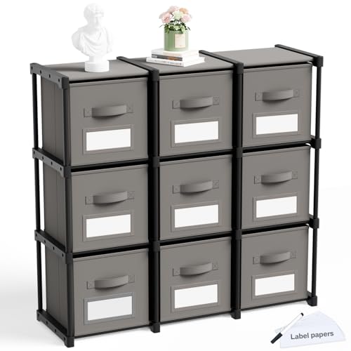 Geelin 9 Cube Storage Organizer with Fabric Bins and Labels 11 Inch, Fabric Collapsible Cubby Clothes Storage Drawer Dresser for Bedroom Living Room Office Organization - color: Gray