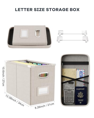 Oterri File Organizer Box with Lid, Hanging Filing File Box with Mesh Pocket, Document Organizer Box for Letter Files, Portable Storage Box with Smooth Sliding Rail for Office&Home (1 PCS, Beige) - color: Beige, size: 1 PCS