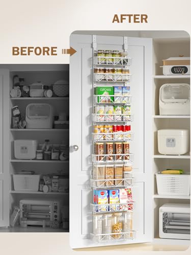 Delamu Narrow 9-Tier Over the Door Pantry Organizer, Adjustable Pantry Storage, Metal Hanging Spice Rack, Cabinet Door Organizer for Kitchen, Bathroom, Laundry Room, 12.5" White - color: White, size: 12.5"W 9-Tier