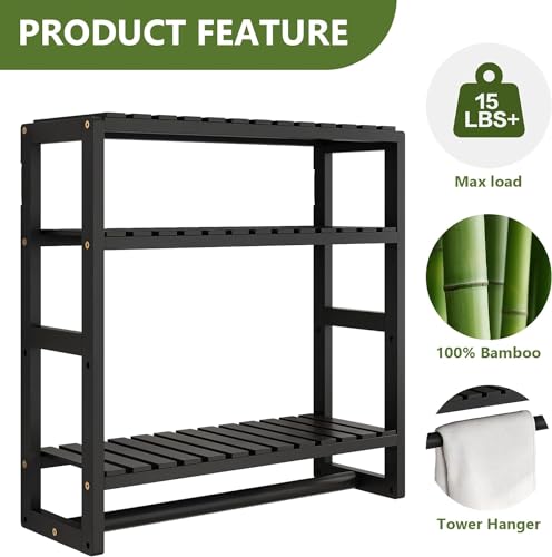 Galood Over The Toilet Storage Bathroom Shelves Wall Mounted 3 Tier Space Saver Corner Shelf Organizer Bamboo Towel Rack Toilet Paper Cabinet with Hanging Rod Black Sets - color: Black 2pack, size: Standard