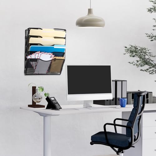 EASEPRES 5 Pocket Mesh Hanging Wall File Organizer with Hangers & Nametag Label, Wall Mounted Mail Paper Document Folder Holder, Clipboard Storage Organization Magazine Rack for Office Cubicle, Black - color: Black, size: 5 Tier & Hangers