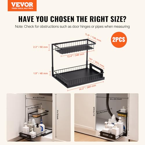 VEVOR Pull Out Cabinet Organizer, 2 Tier Under Sink Organizer and Storage(10.7"W x 14.2"D ), Slide Out Drawer Cabinet Organizer, Wire Basket Sliding Shelf for Kitchen Bathroom Cabinet, Black (2 Pack) - size: 10.7"W x 14.2"D (2 Pack)