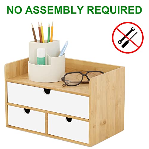 Desk Organizer with Drawers - Bamboo Desktop Organizer Storage | Natural-White Wood Desk Drawers Organizer for Bills, Office Supplies, Cosmetics, Seals No Assembly Required - color: 2 Natural-White, size: 13”L x 6.6”W x7.87”H