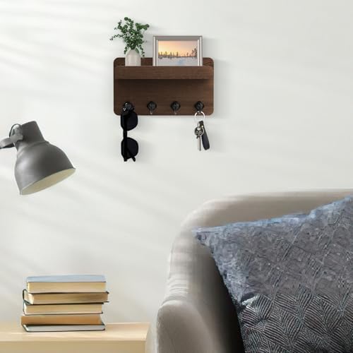 Nekon Key Holder Wall Mount, 8.5 Inch Small Home Decor Wooden Wall Organizer with 4 Hooks and Shelf, Key and Mail Holder for Living Room Entryway Kitchen (Brown) - color: Brown